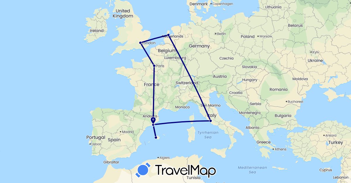 TravelMap itinerary: driving in Spain, France, United Kingdom, Italy, Netherlands (Europe)